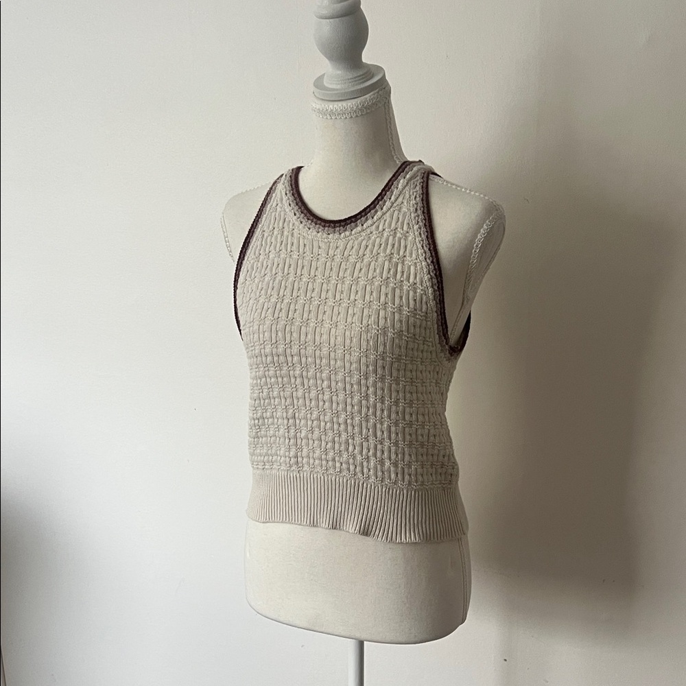 Sincerely Jules Cream Knit Tank w/ Brown Contrast Trim. Cropped. Women’s small.